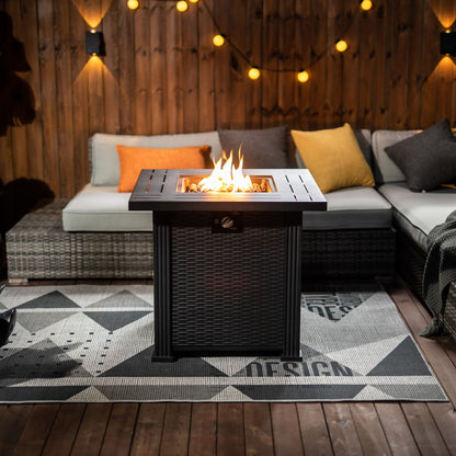 HouseOfZazla 28-inch propane fire pit table, 50,000 BTU, square steel with wicker frame, on Tampa Home & Garden Store