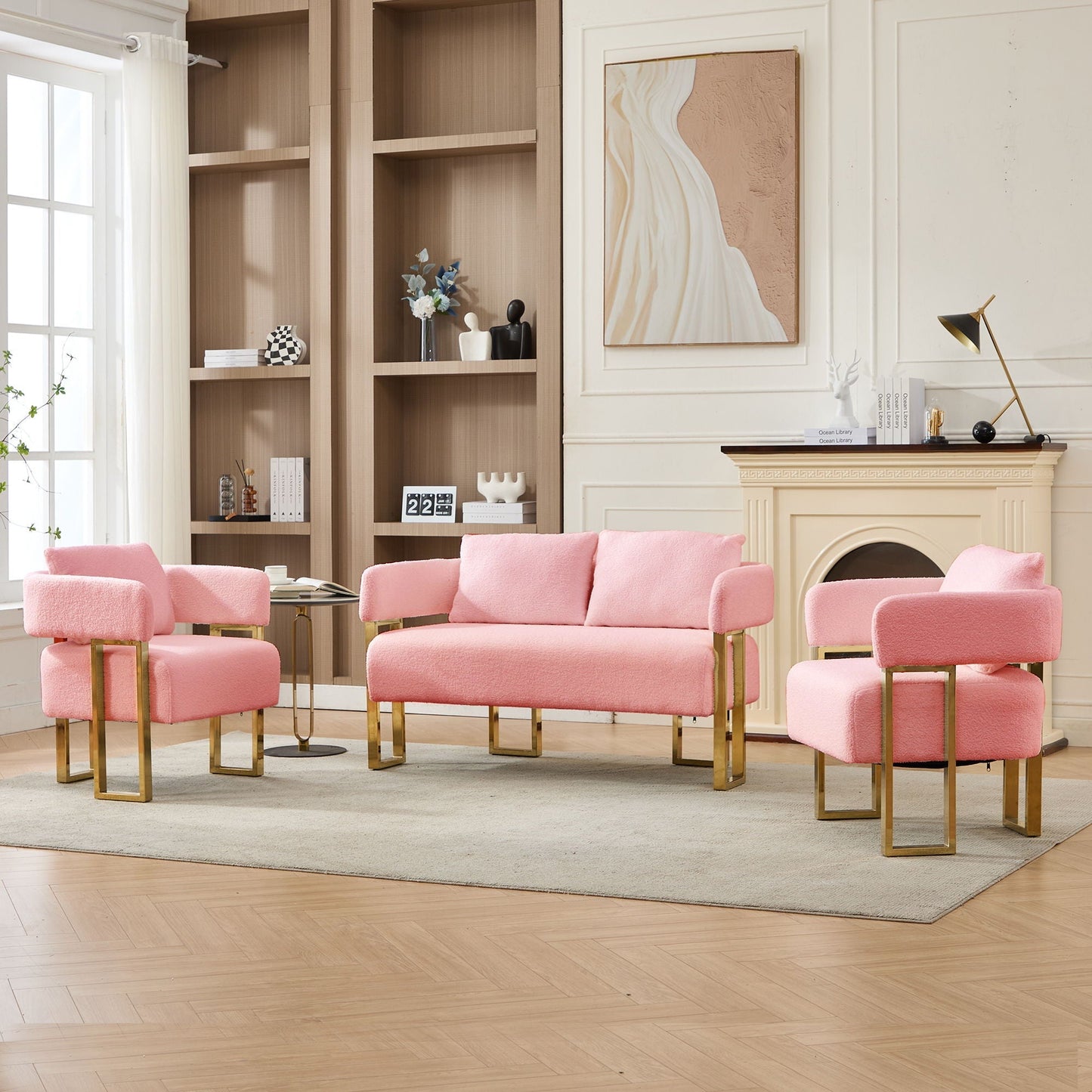 Decorative pink velvet arm chairs with gold-tone legs for living room by HouseOfZazla on Tampa Home & Garden Store
