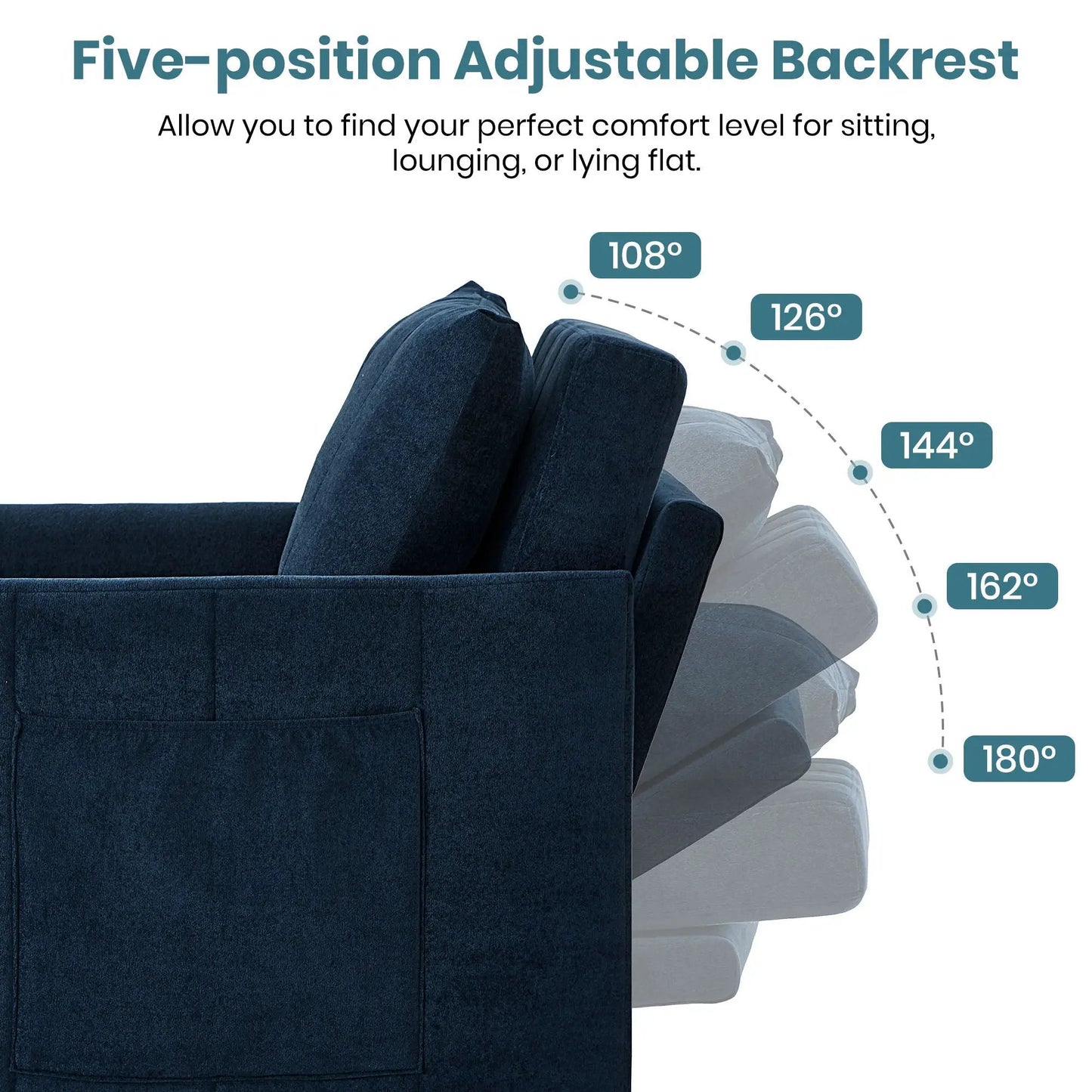Upholstered sleeper sofa in dark blue velvet with five-position backrest and storage on Tampa Home & Garden Store