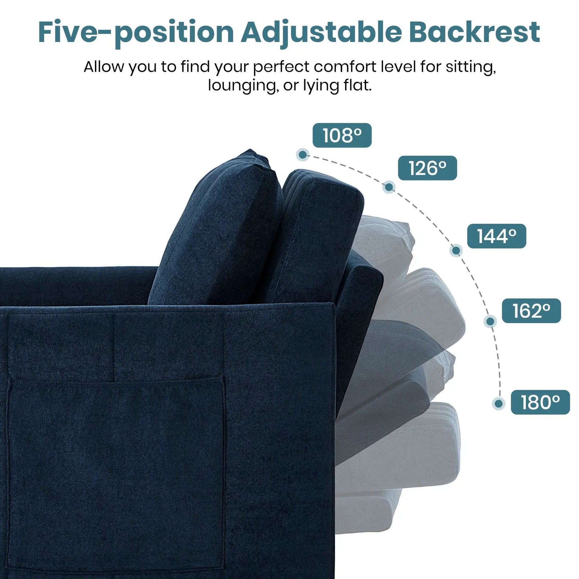 Upholstered sleeper sofa in dark blue velvet with five-position backrest and storage on Tampa Home & Garden Store