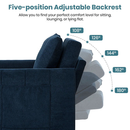 Upholstered sleeper sofa in dark blue velvet with five-position backrest and storage on Tampa Home & Garden Store