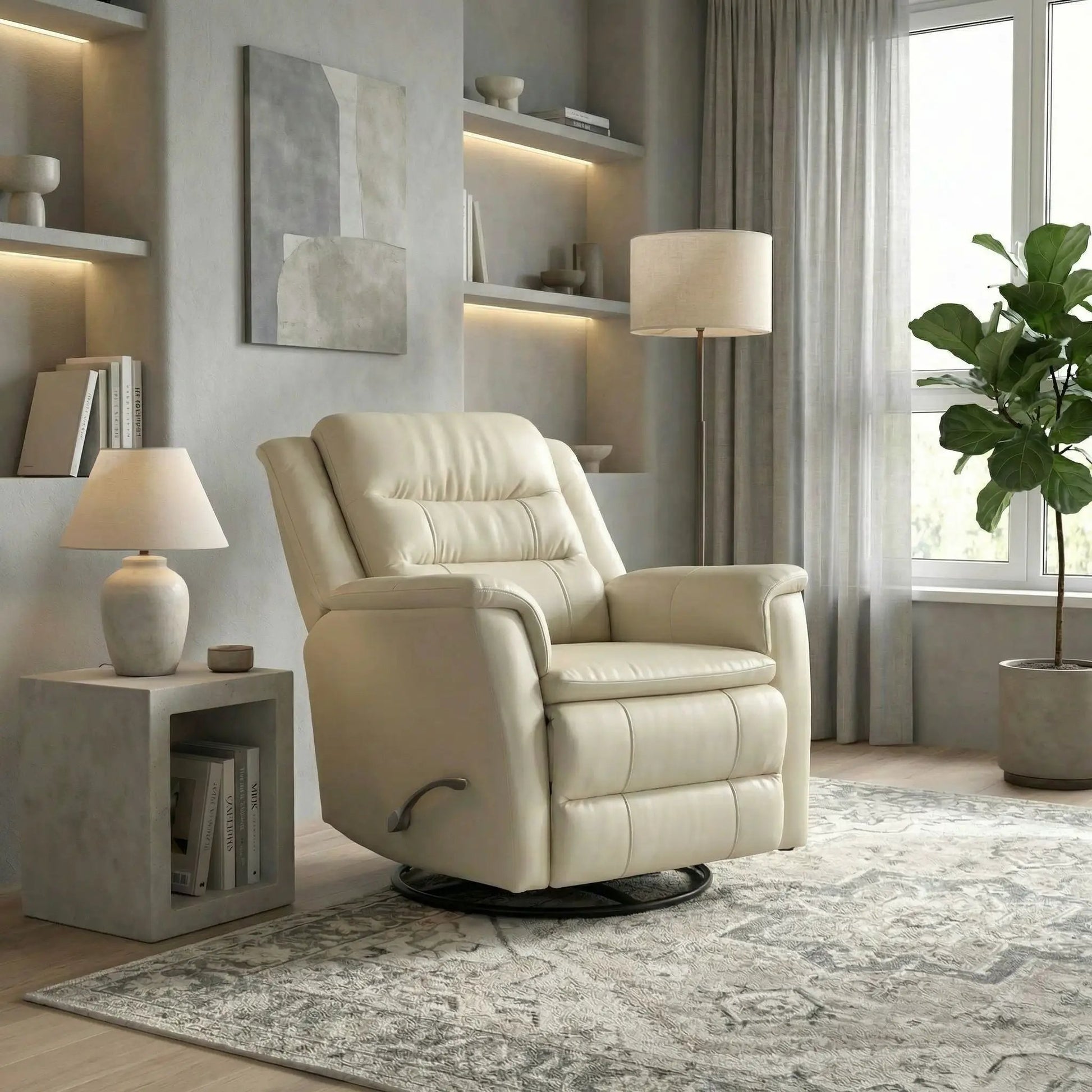 Cream leather swivel recliner with manual footrest in a modern living room on Tampa Home & Garden Store