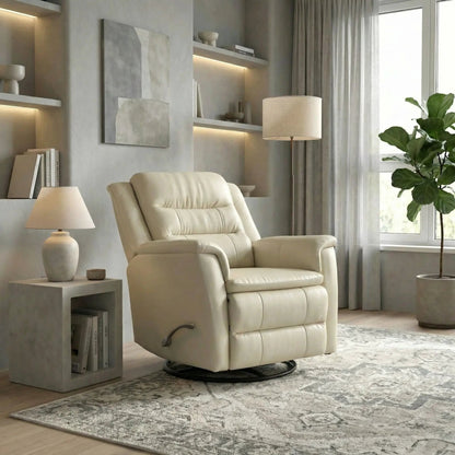 Cream leather swivel recliner with manual footrest in a modern living room on Tampa Home & Garden Store