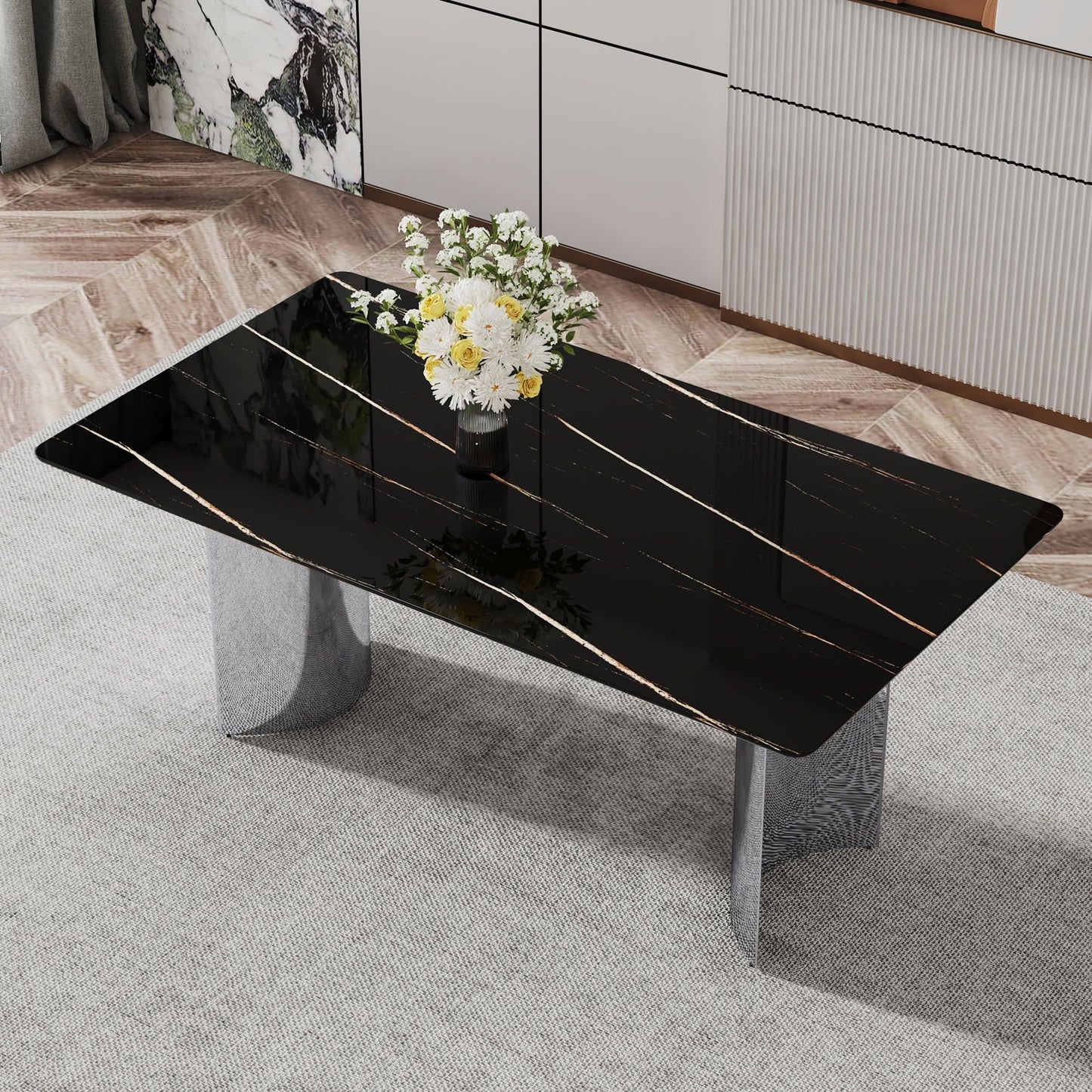 Modern Minimalist Dining Table with black marble glass top by HouseOfZazla on Tampa Home & Garden Store