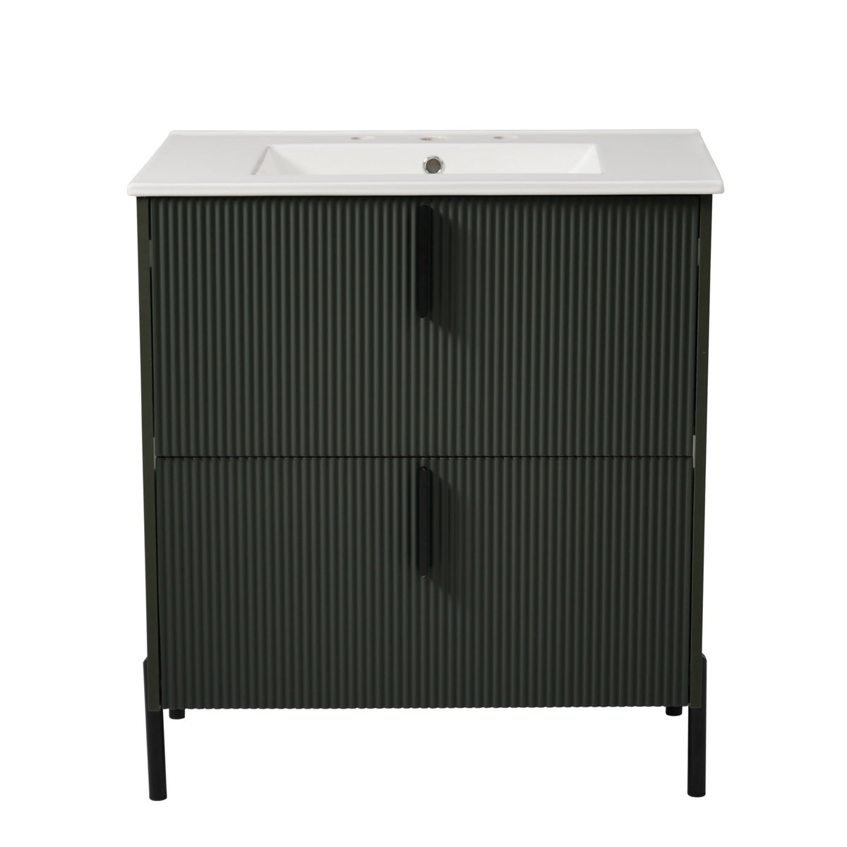 Bathroom vanity with ceramic sink and fluted dark green cabinet, white countertop on Tampa Home & Garden Store