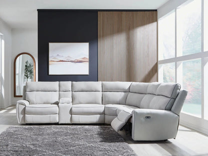 Social Pointe reclining sectional by Unique Piece Furniture in light gray upholstery on Tampa Home & Garden Store