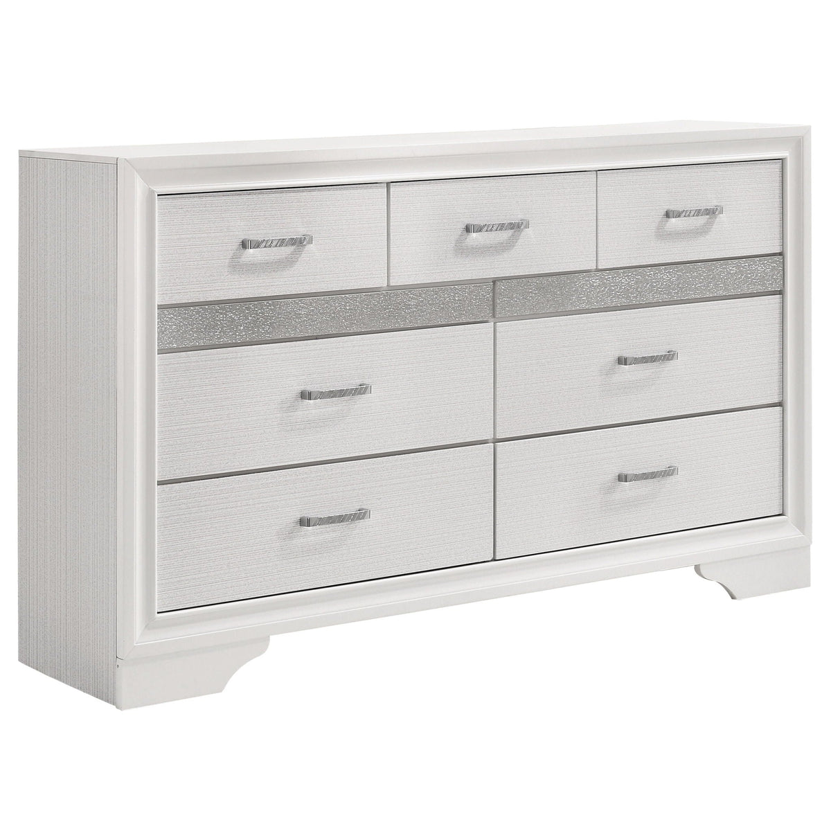 Annie 4 Piece Bedroom Set dresser white frame with gray textured drawers and silver pulls on Tampa Home & Garden Store