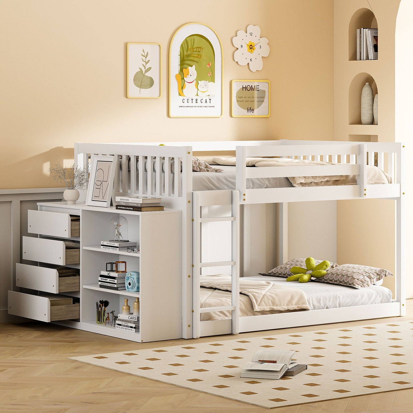 Solid Pine Bunk Bed with Drawers and Shelves