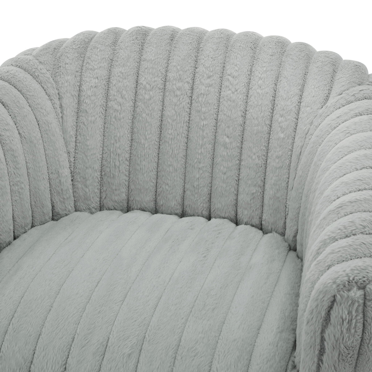Gray barrel swivel chair in plush cord fabric by HouseOfZazla, swing chair upholstery close-up on Tampa Home & Garden Store
