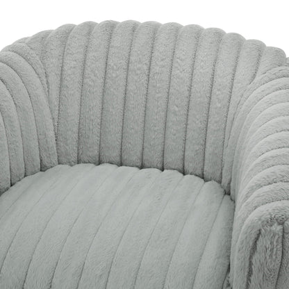 Gray barrel swivel chair in plush cord fabric by HouseOfZazla, swing chair upholstery close-up on Tampa Home & Garden Store