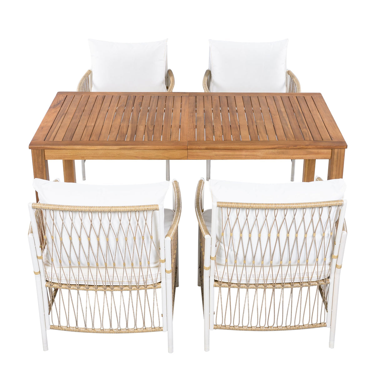 TOPMAX Patio 5pc wooden dining table set with 4 white cushioned wicker chairs for patio use on Tampa Home & Garden Store