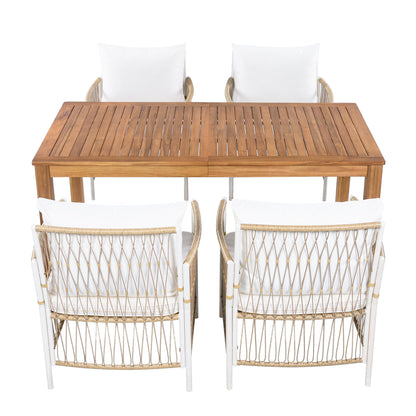 TOPMAX Patio 5pc wooden dining table set with 4 white cushioned wicker chairs for patio use on Tampa Home & Garden Store