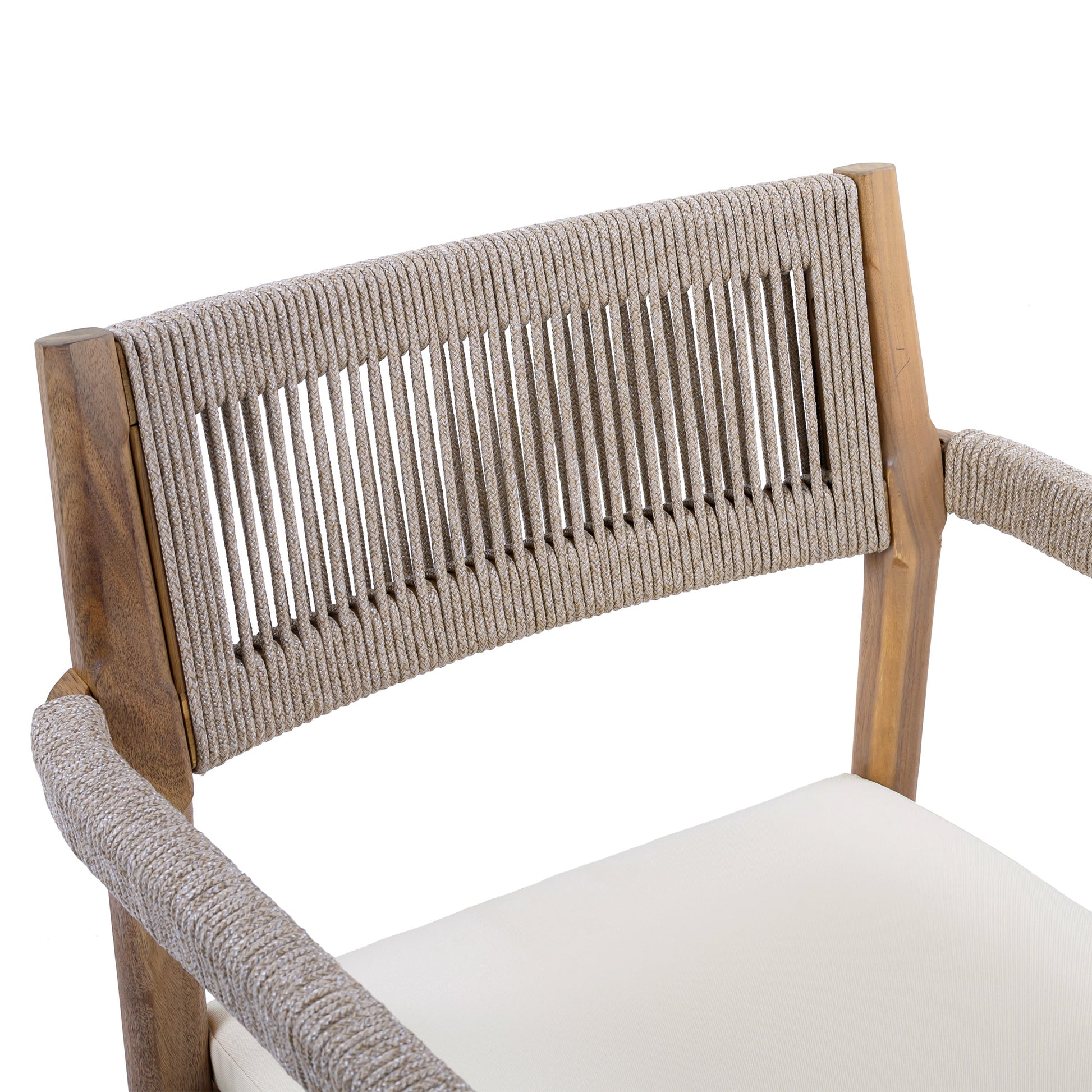 Braided acacia wood outdoor dining chairs set of 2 with teak-look finish and cream cushions on Tampa Home & Garden Store
