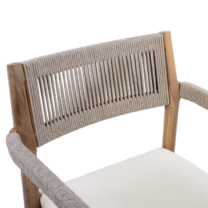 Braided acacia wood outdoor dining chairs set of 2 with teak-look finish and cream cushions on Tampa Home & Garden Store