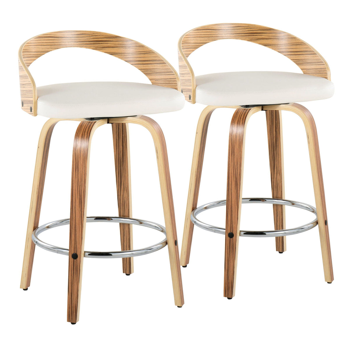 Mid Century Modern Counter Stools 2pk with swivel & footrest zebra wood veneer white cushions on Tampa Home & Garden Store
