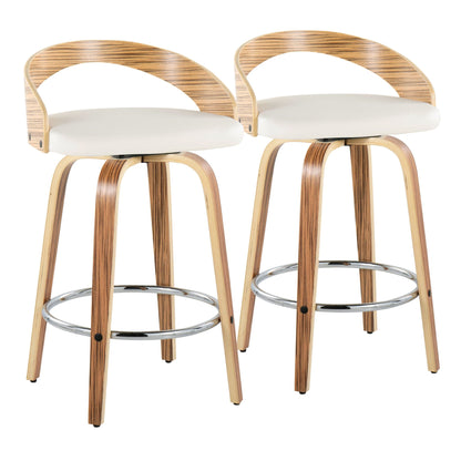 Mid Century Modern Counter Stools 2pk with swivel & footrest zebra wood veneer white cushions on Tampa Home & Garden Store