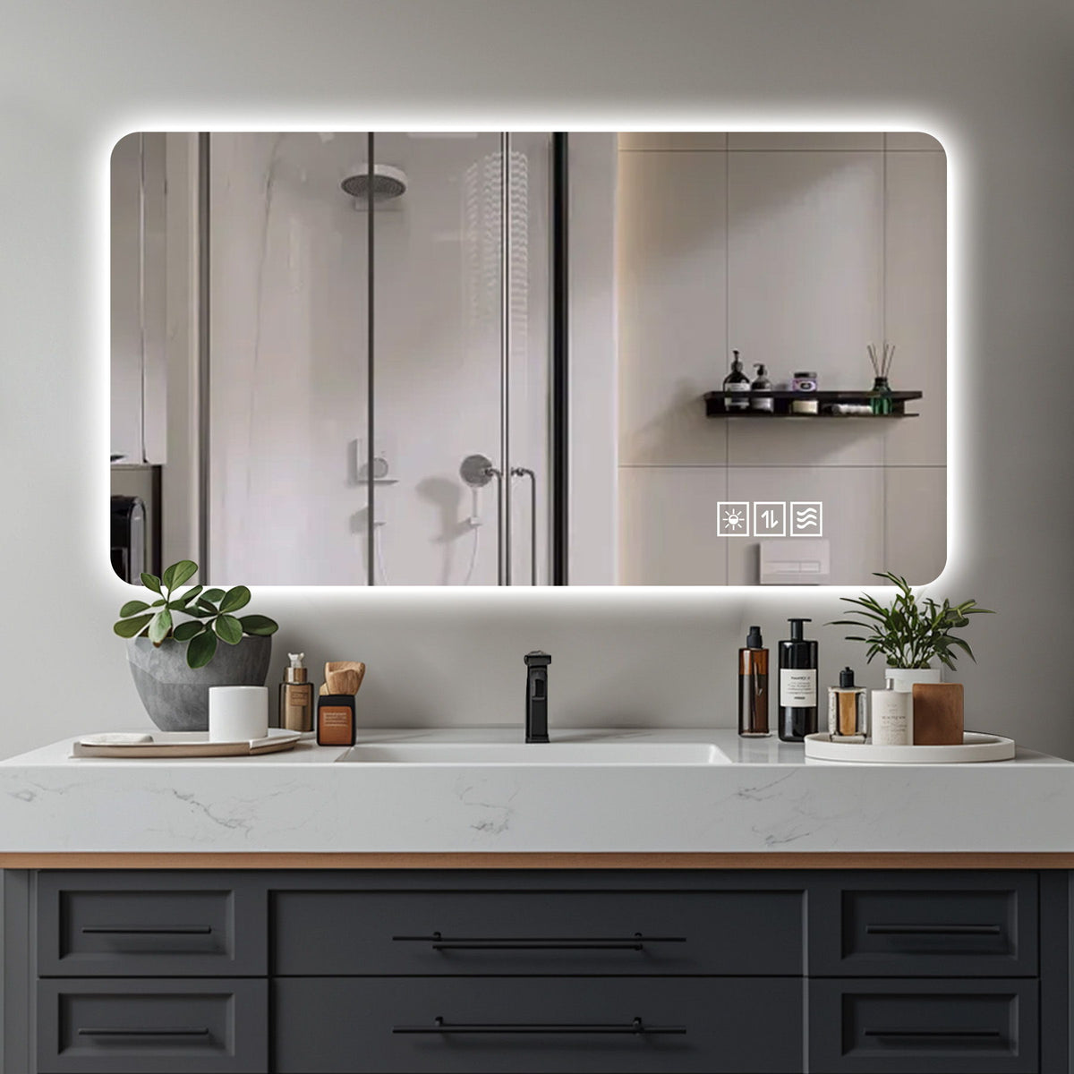Wall Mounted LED Lighting Mirror with 3-Color Dimmable Light - Silver, backlit bathroom mirror on Tampa Home & Garden Store