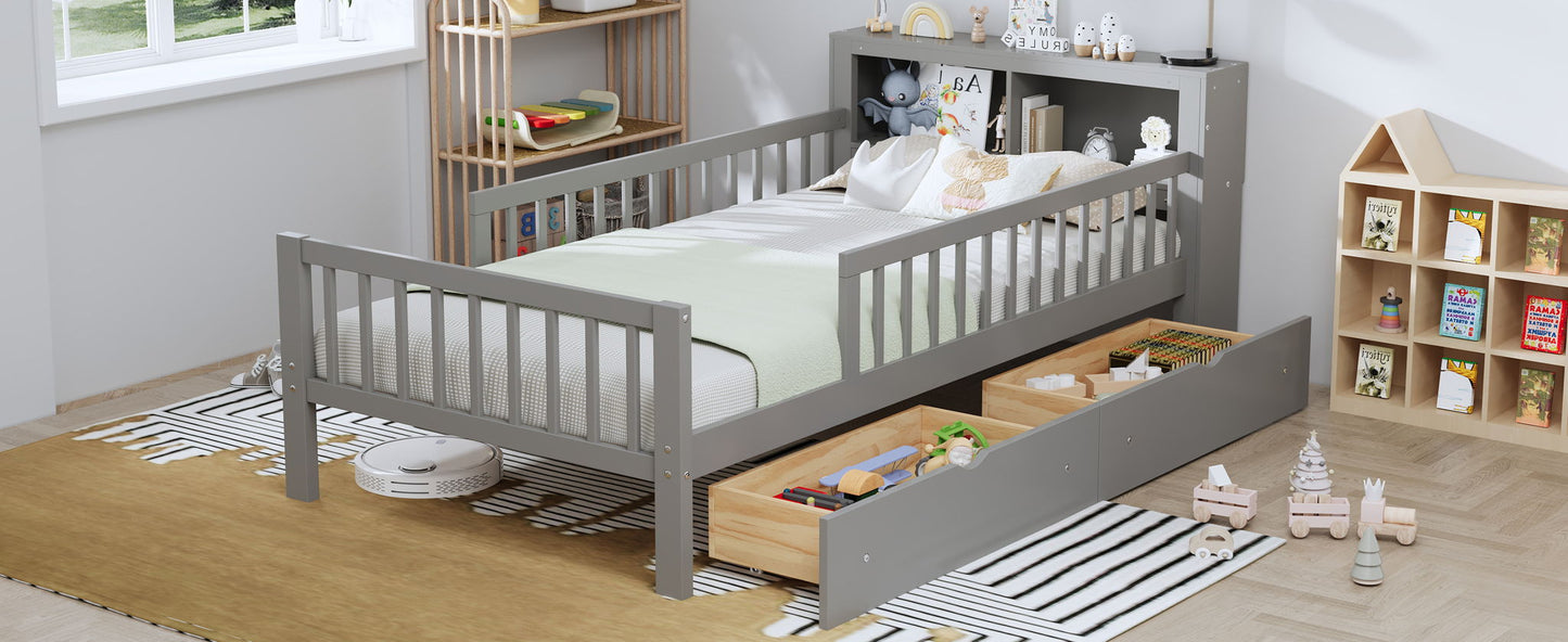 HouseOfZazla gray storage bed with headboard rack, 2 under-bed drawers and 3 safety guardrails on Tampa Home & Garden Store
