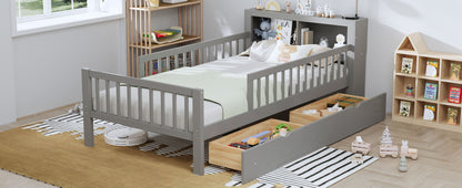 HouseOfZazla gray storage bed with headboard rack, 2 under-bed drawers and 3 safety guardrails on Tampa Home & Garden Store
