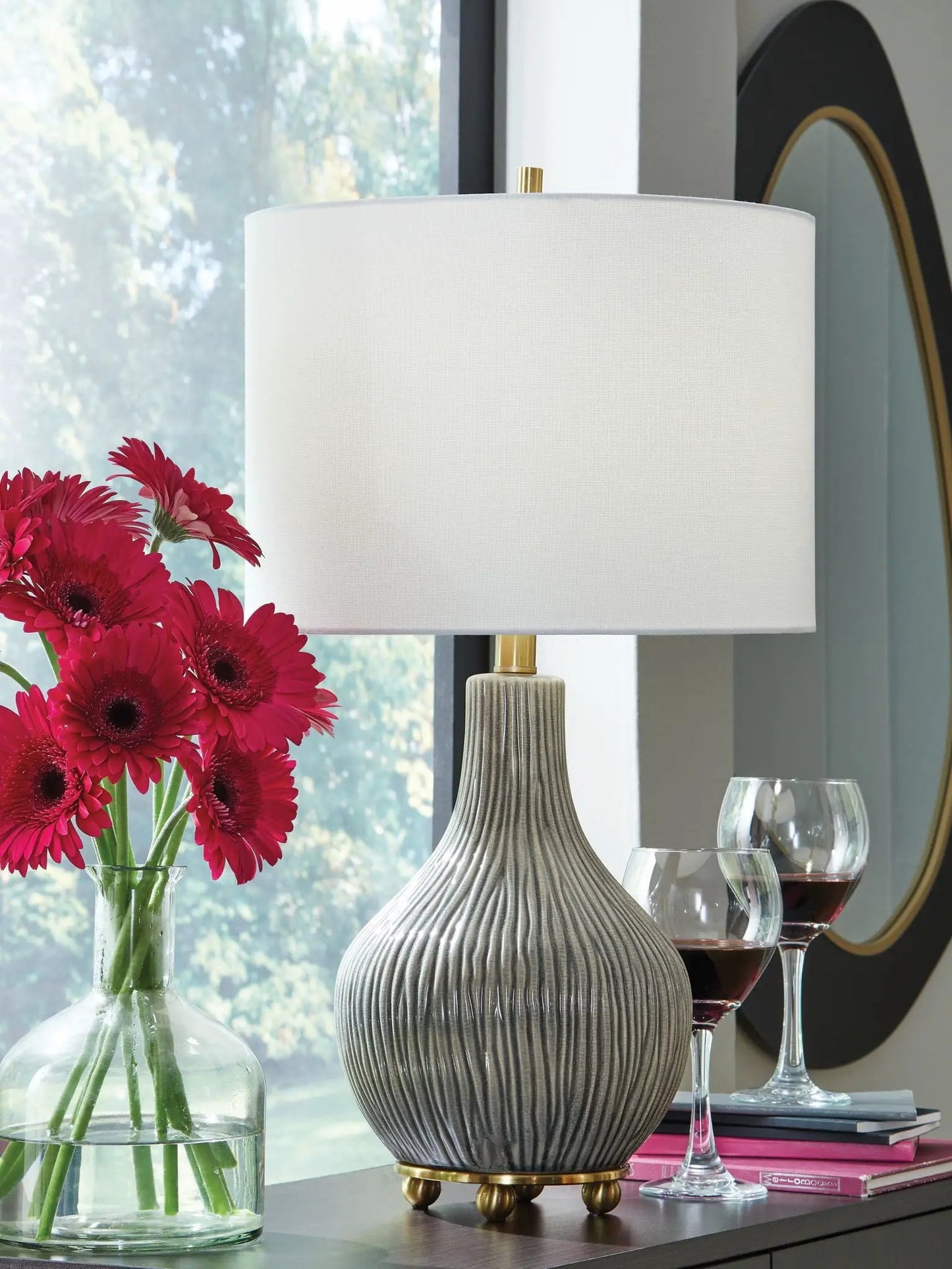 Judlen ceramic lamp gray ribbed with gold trim and white shade Unique Piece Furniture on Tampa Home & Garden Store