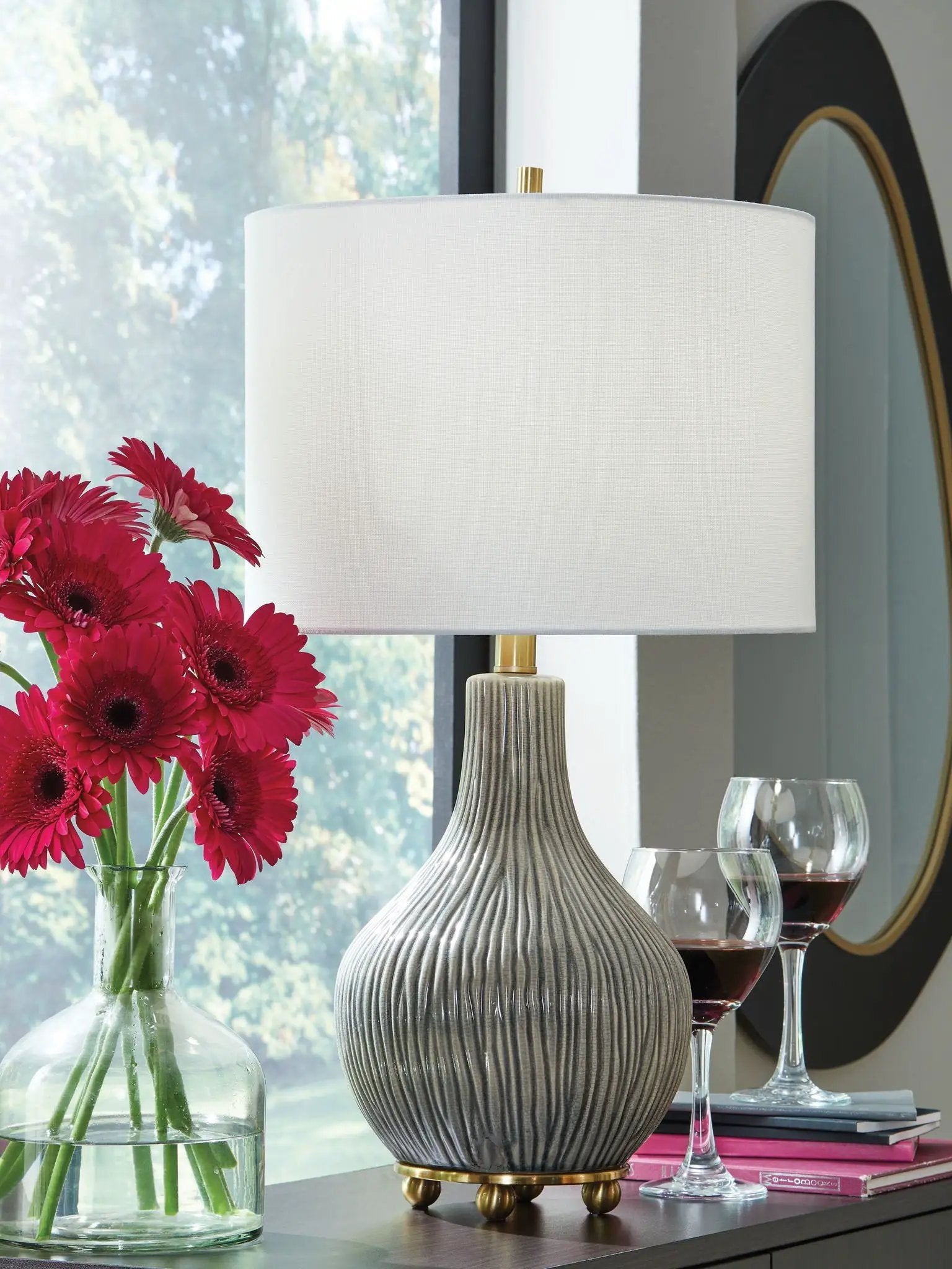 Judlen ceramic lamp gray ribbed with gold trim and white shade Unique Piece Furniture on Tampa Home & Garden Store