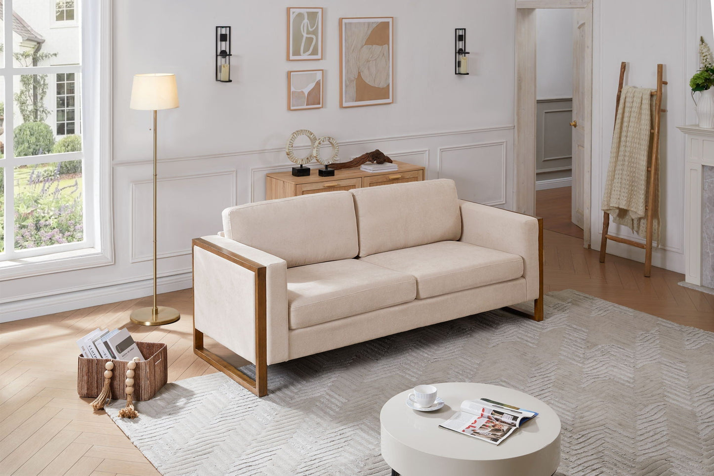 Modern 3-Seater Sofa with solid wood legs in beige fabric, HouseOfZazla stationary sofa on Tampa Home & Garden Store