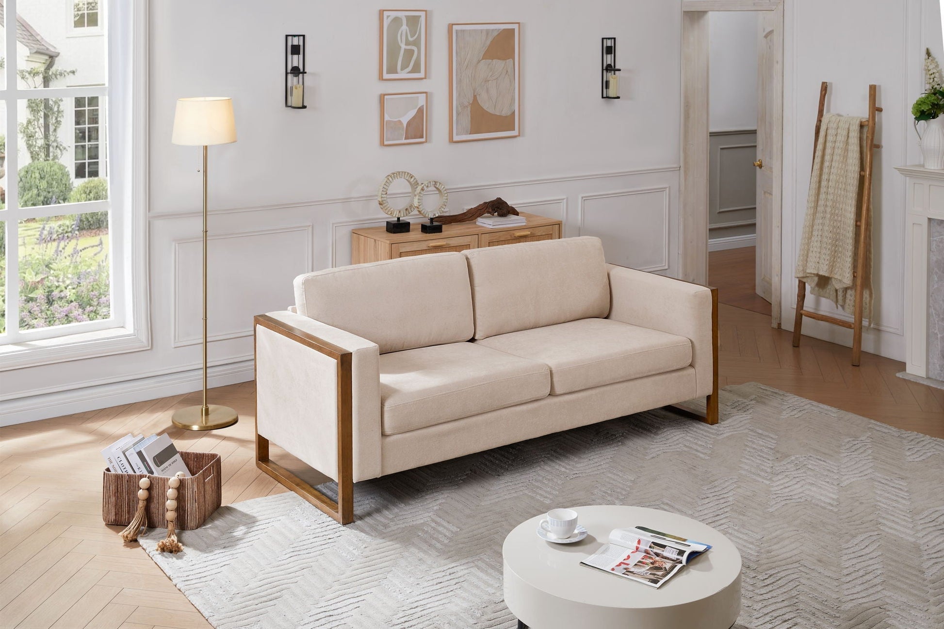 Modern 3-Seater Sofa with solid wood legs in beige fabric, HouseOfZazla stationary sofa on Tampa Home & Garden Store