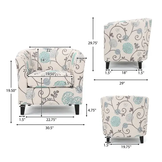Plaza Club Chair in white and blue floral fabric, armchair with dark tapered legs on Tampa Home & Garden Store