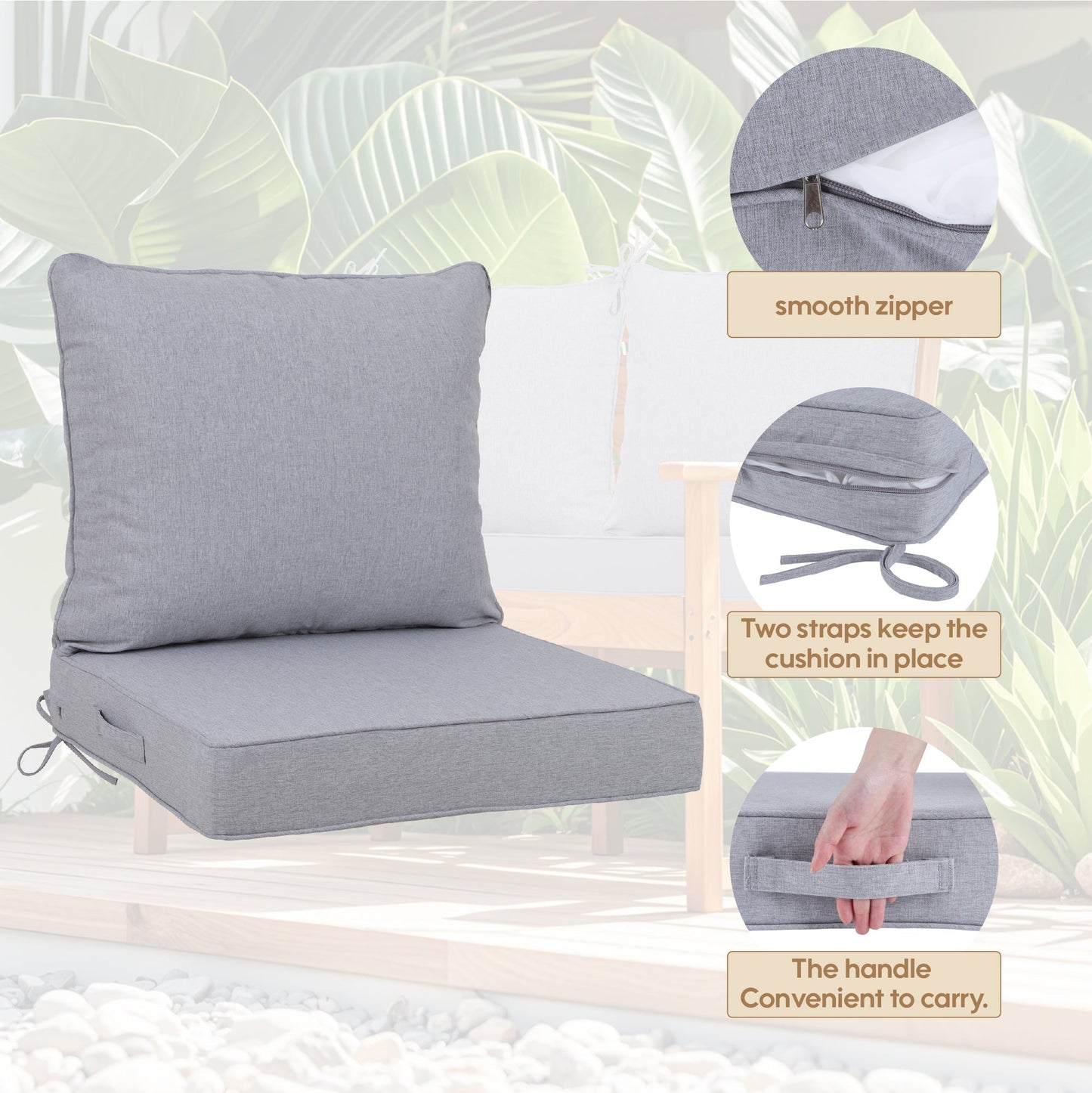 24x24 Inch Outdoor Deep Seat Cushion Set (2) gray cushions by HouseOfZazla with zipper on Tampa Home & Garden Store