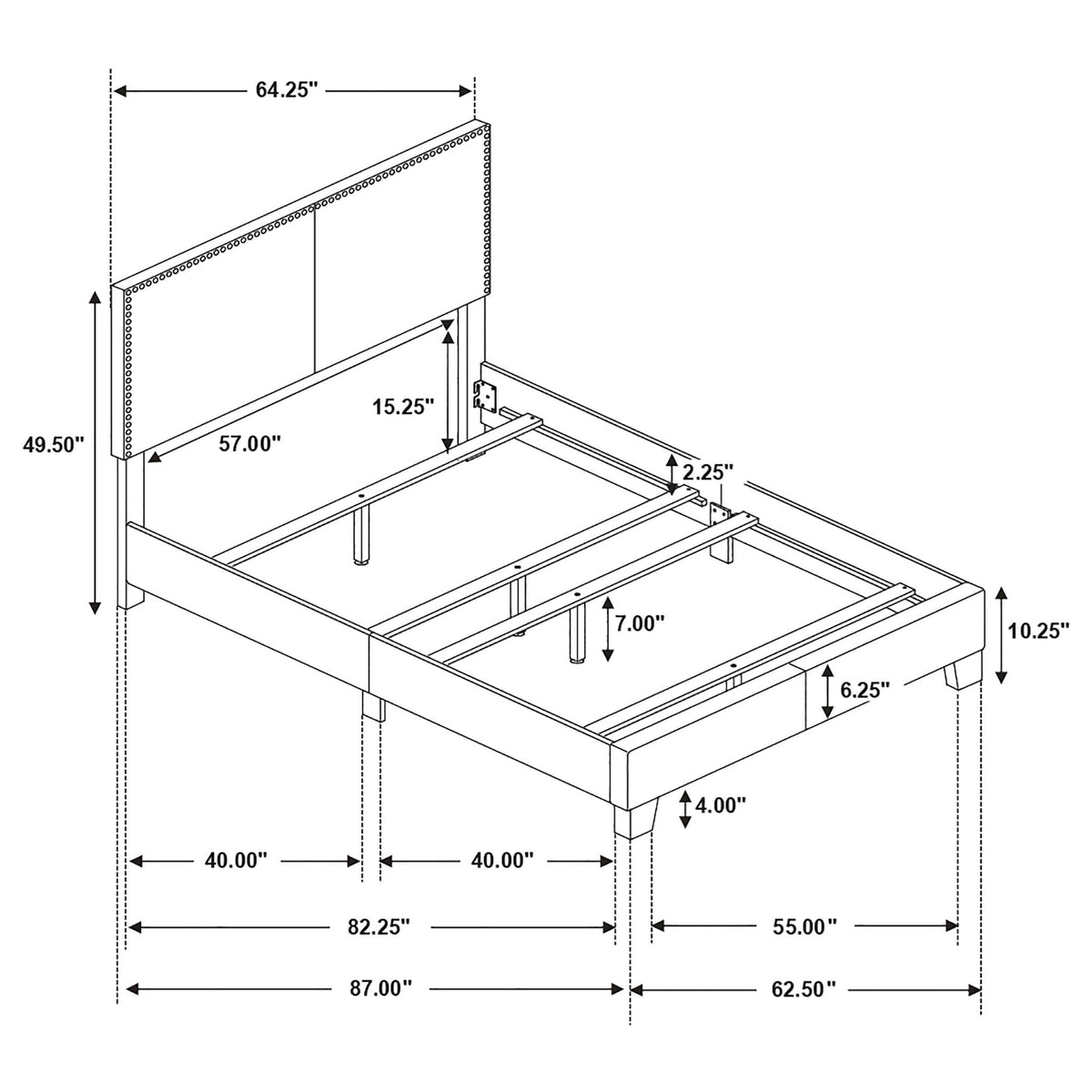 Queen Bed With Nailhead Trim - Charcoal upholstered bed frame in schematic with dimensions on Tampa Home & Garden Store