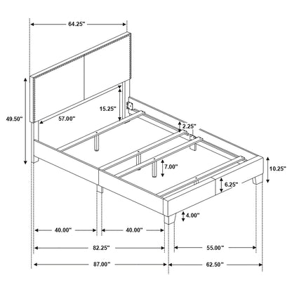 Queen Bed With Nailhead Trim - Charcoal upholstered bed frame in schematic with dimensions on Tampa Home & Garden Store