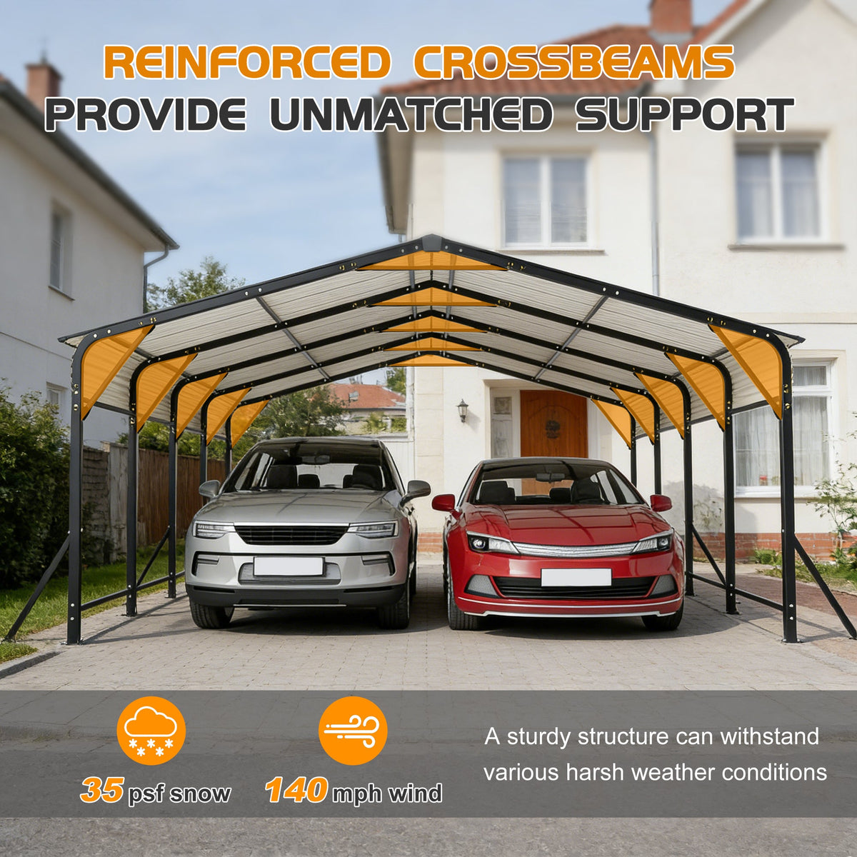 20x20 galvanized steel carport canopy with black frame and orange panels shelters two cars in a driveway on Tampa Home & Garden Store