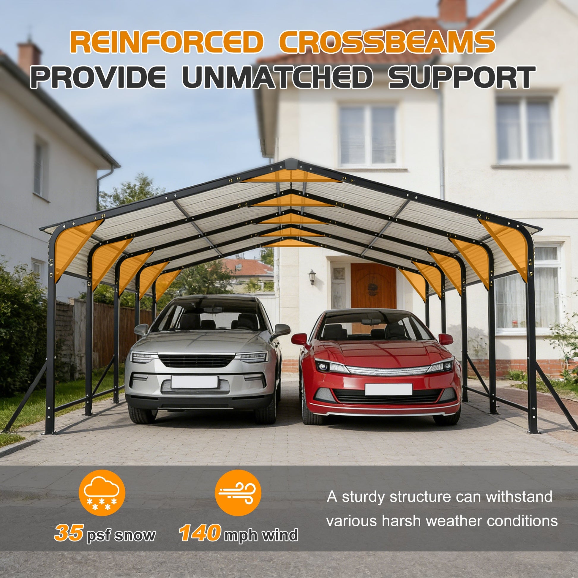 20x20 galvanized steel carport canopy with black frame and orange panels shelters two cars in a driveway on Tampa Home & Garden Store