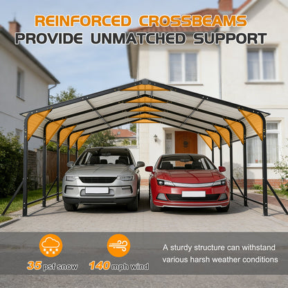 20x20 galvanized steel carport canopy with black frame and orange panels shelters two cars in a driveway on Tampa Home & Garden Store