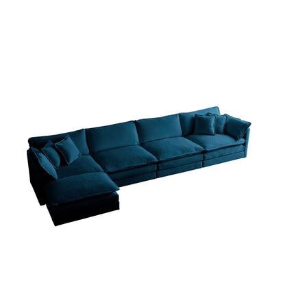 Modular sectional sofa by HouseOfZazla, blue velvet, U-shaped 5-seater with ottoman on Tampa Home & Garden Store
