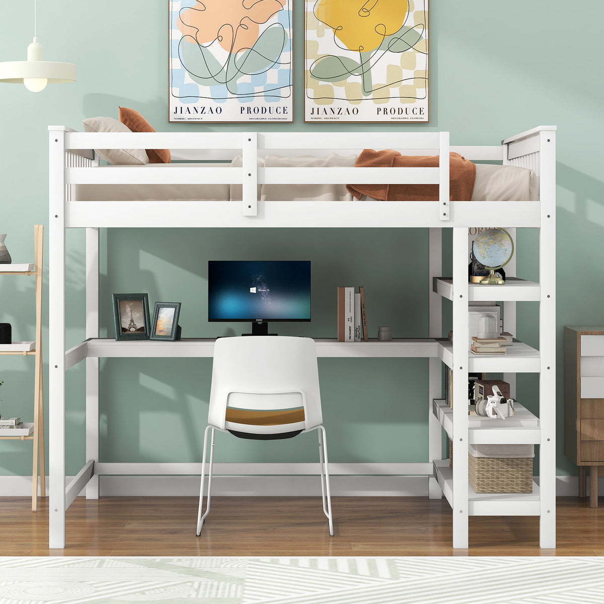 HouseOfZazla white loft bed with storage shelves and under-bed desk in mint room with monitor on Tampa Home & Garden Store