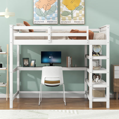 HouseOfZazla white loft bed with storage shelves and under-bed desk in mint room with monitor on Tampa Home & Garden Store