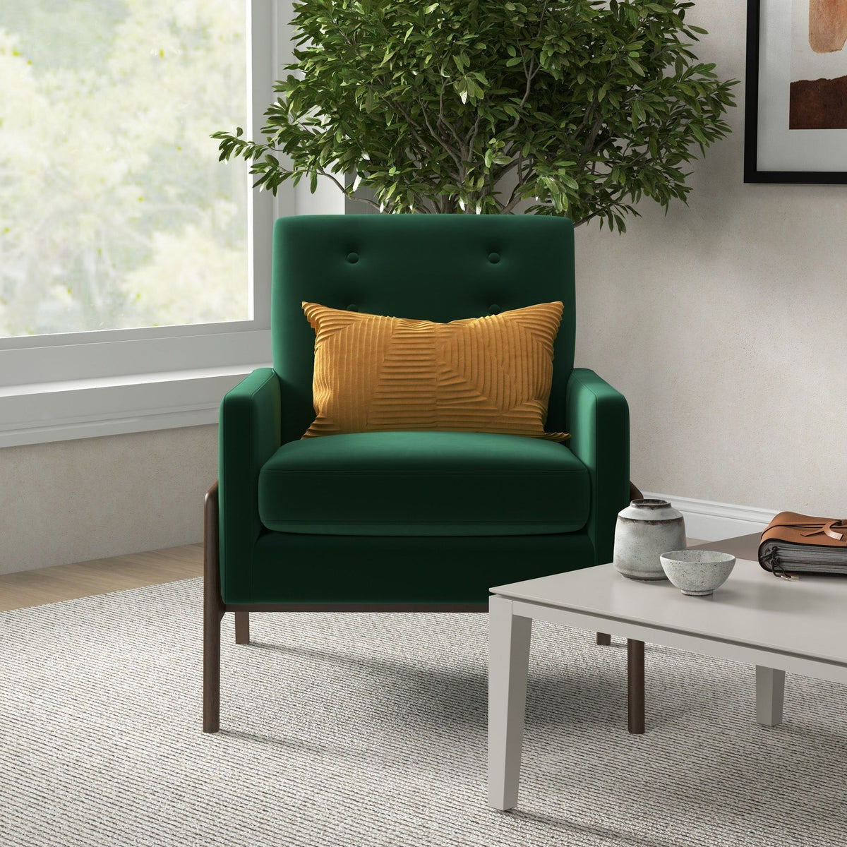 Cole Solid Wood Lounge Chair with wooden legs and mustard pillow HouseOfZazla Armchair on Tampa Home & Garden Store