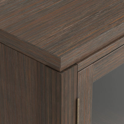 Wide handcrafted solid wood media stand and shelf; dark walnut tone with bold grain pattern on Tampa Home & Garden Store