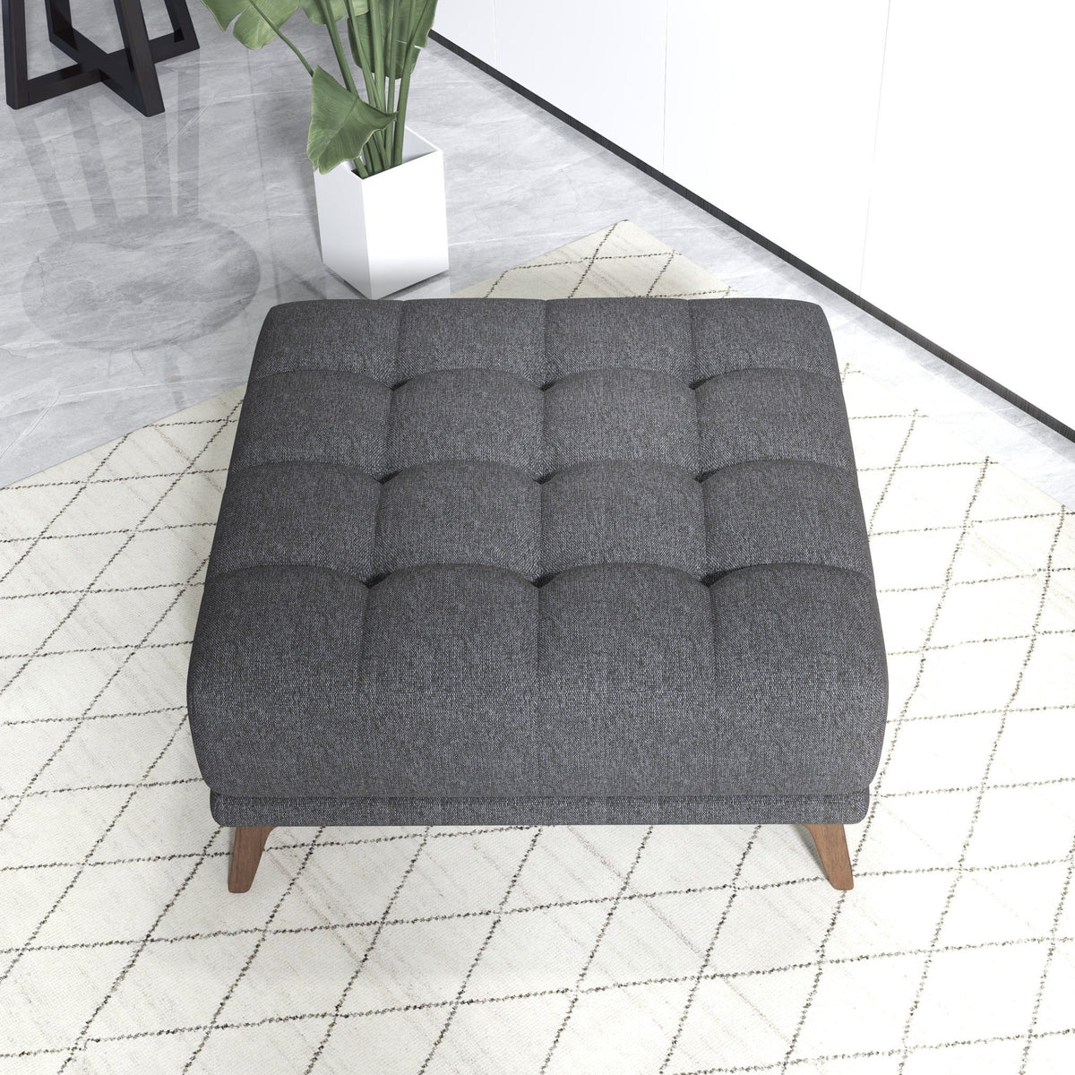 Addison Square Upholstered Ottoman in dark gray with tufted top and slim wood legs on Tampa Home & Garden Store