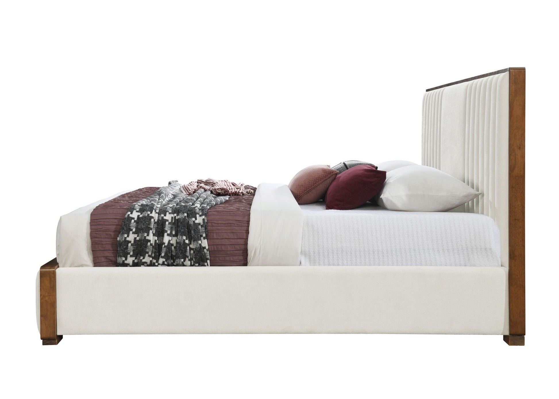 Kaleea Queen Bed beige upholstered platform bed with wood posts by HouseOfZazla on Tampa Home & Garden Store
