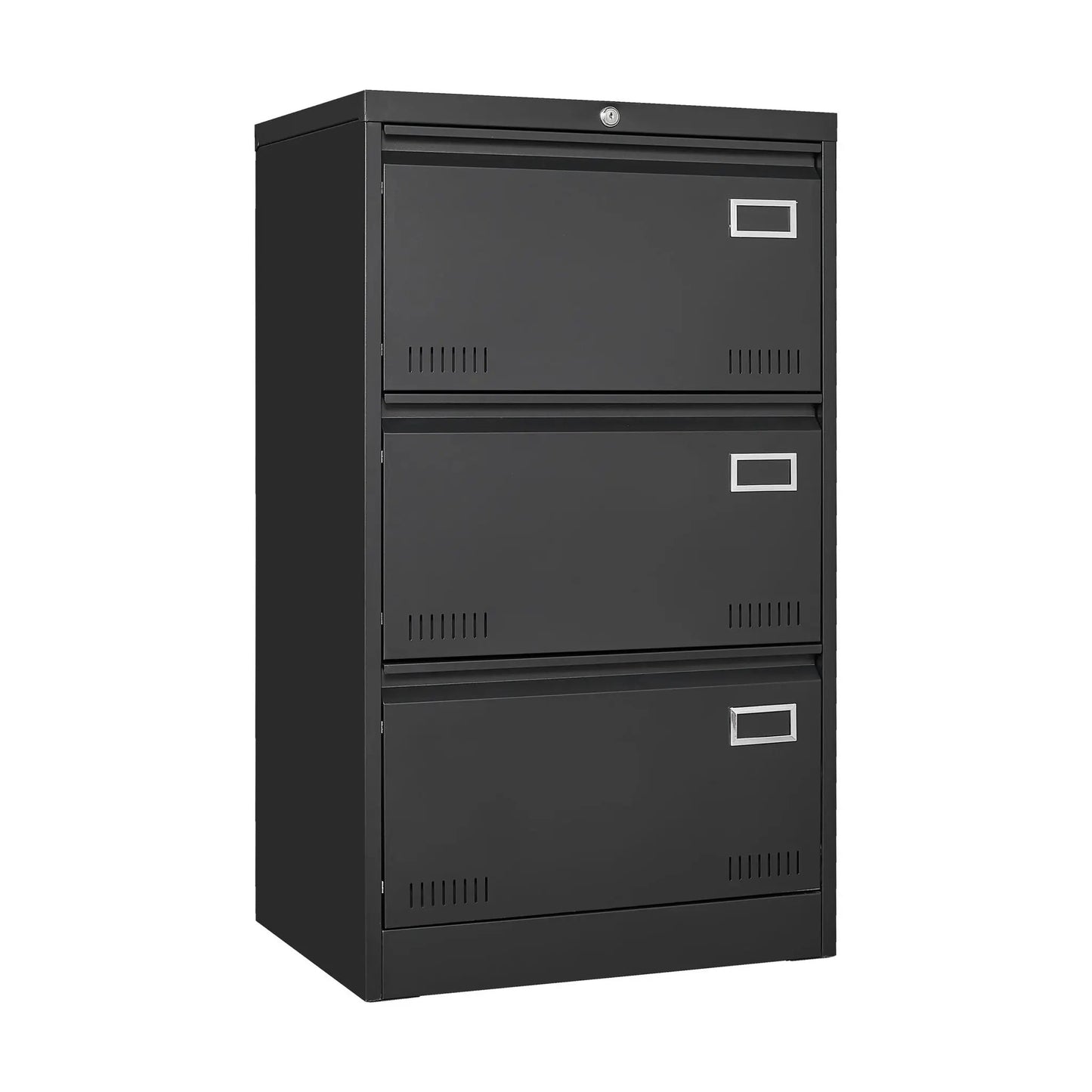 Three-drawer locking metal filing cabinet in charcoal gray by Unique Piece Furniture with label holders on Tampa Home & Garden Store