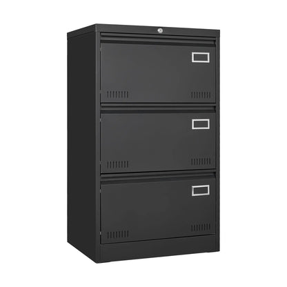 Three-drawer locking metal filing cabinet in charcoal gray by Unique Piece Furniture with label holders on Tampa Home & Garden Store