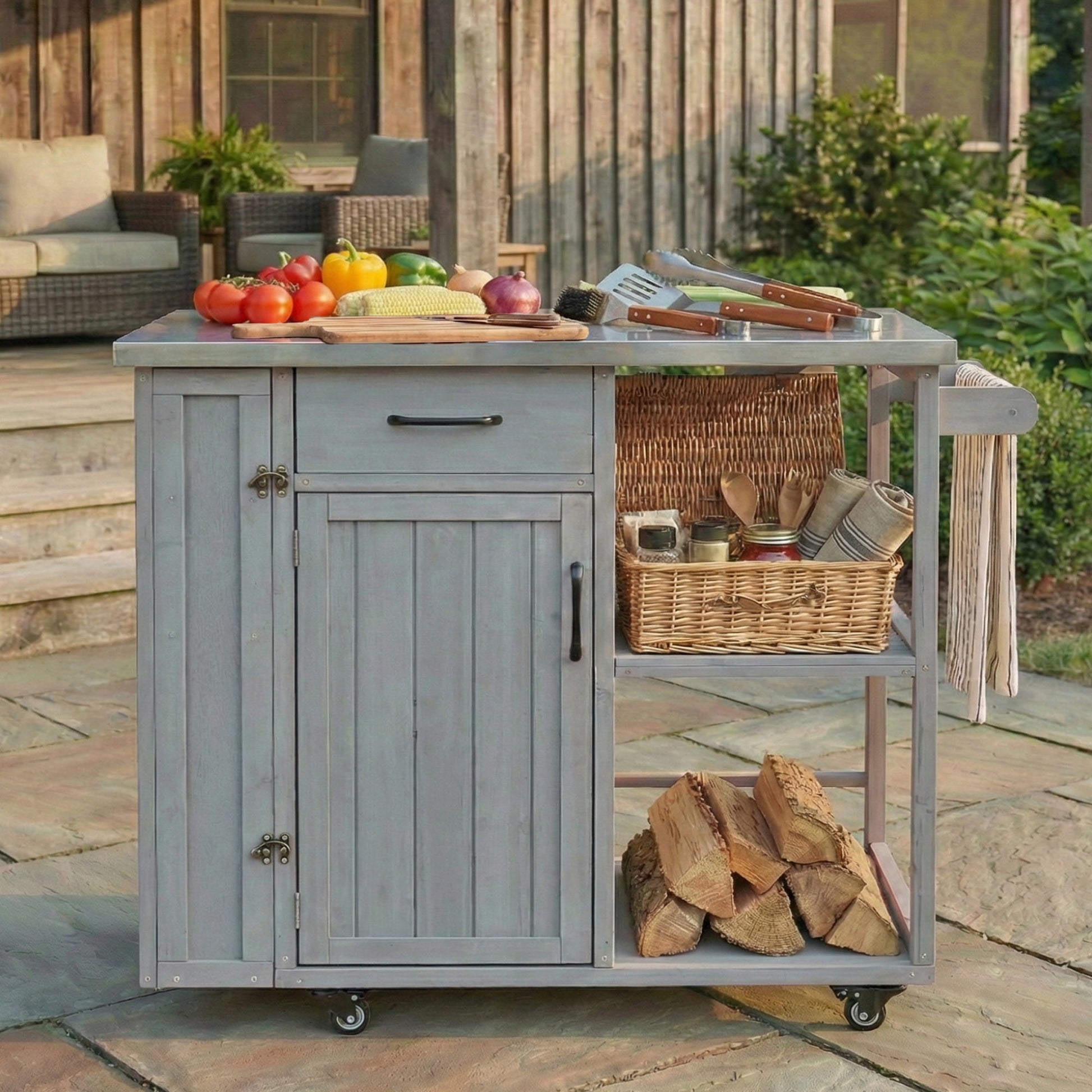 Outdoor Kitchen Island Fir Wood Prep Station with Stainless Steel Top, wheels, storage on Tampa Home & Garden Store