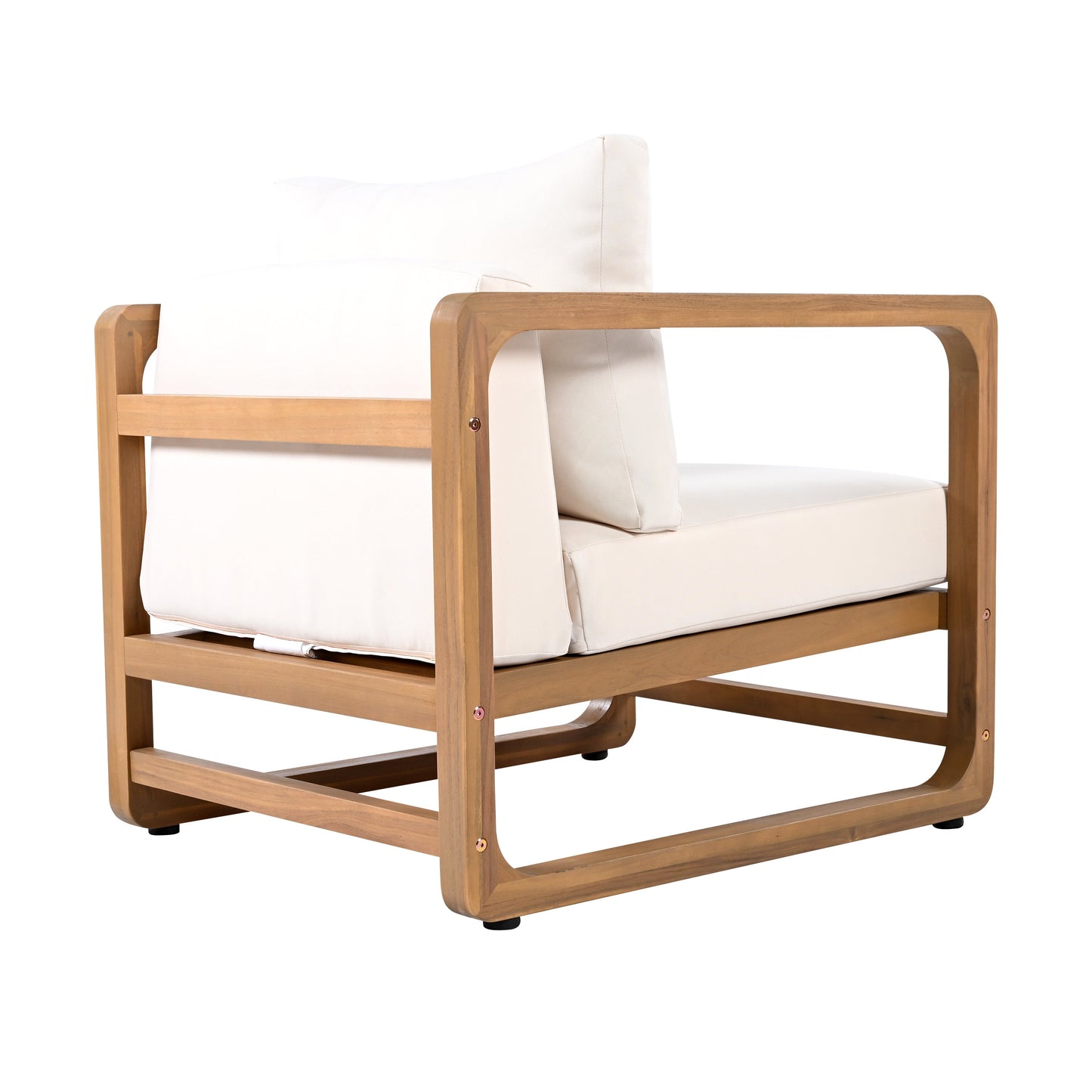Acacia wood outdoor club chair with white cushion on Tampa Home & Garden Store