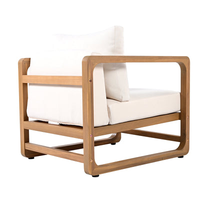Acacia wood outdoor club chair with white cushion on Tampa Home & Garden Store