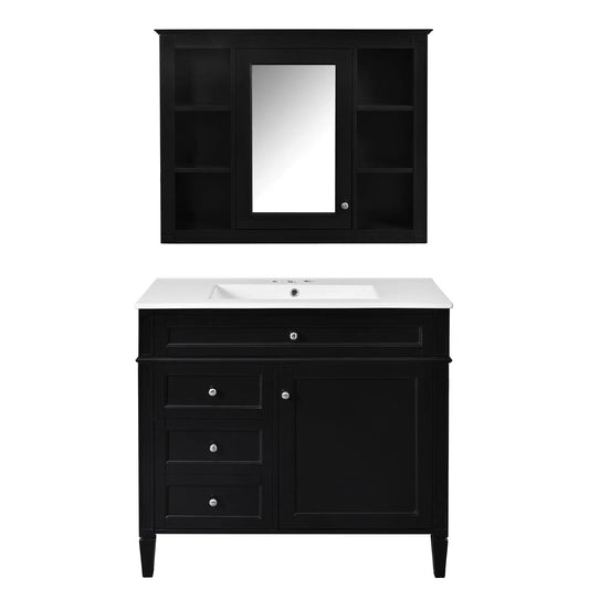 Black bathroom vanity with mirror cabinet; left four-drawer column and right shelf area on Tampa Home & Garden Store