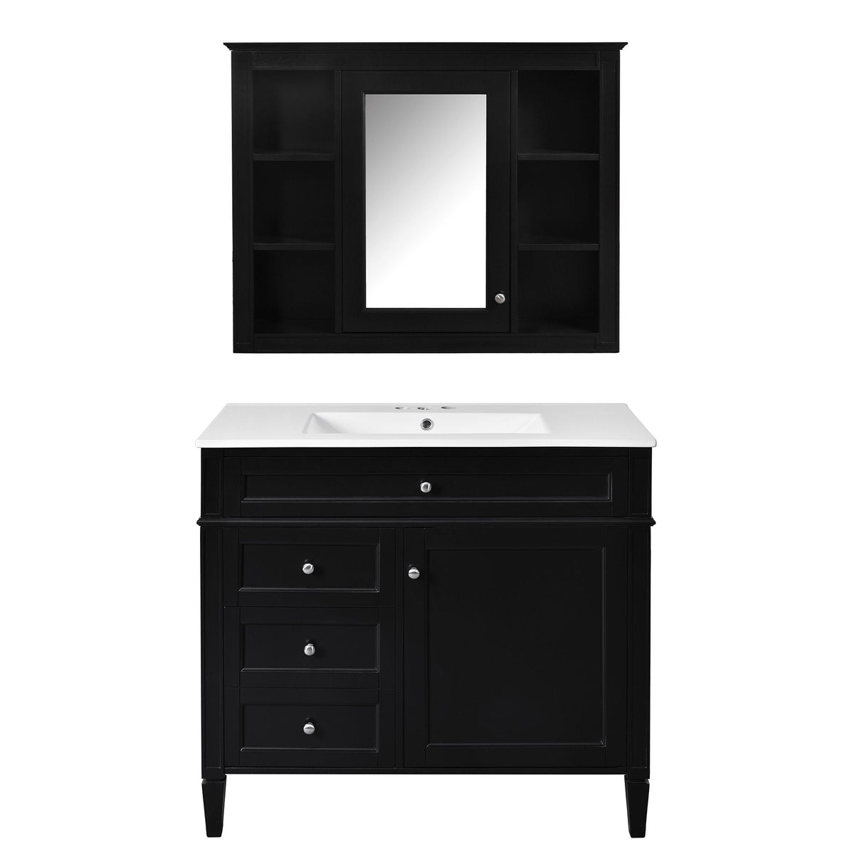Bathroom vanity with mirror cabinet and single sink in black with side shelves on Tampa Home & Garden Store
