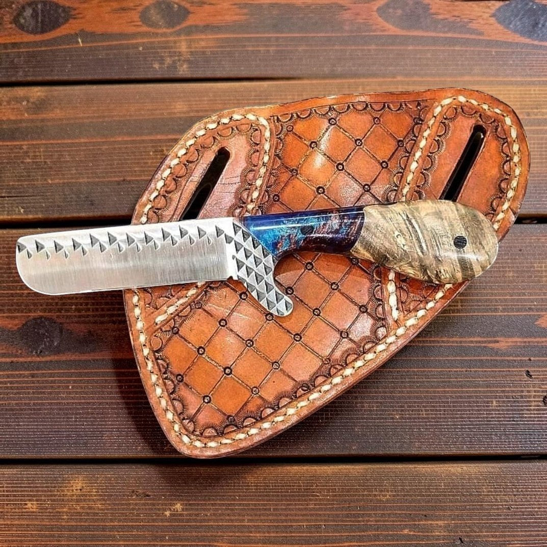 The Stampede knife with rasp steel blade, rosewood epoxy resin handle and leather sheath on Tampa Home & Garden Store