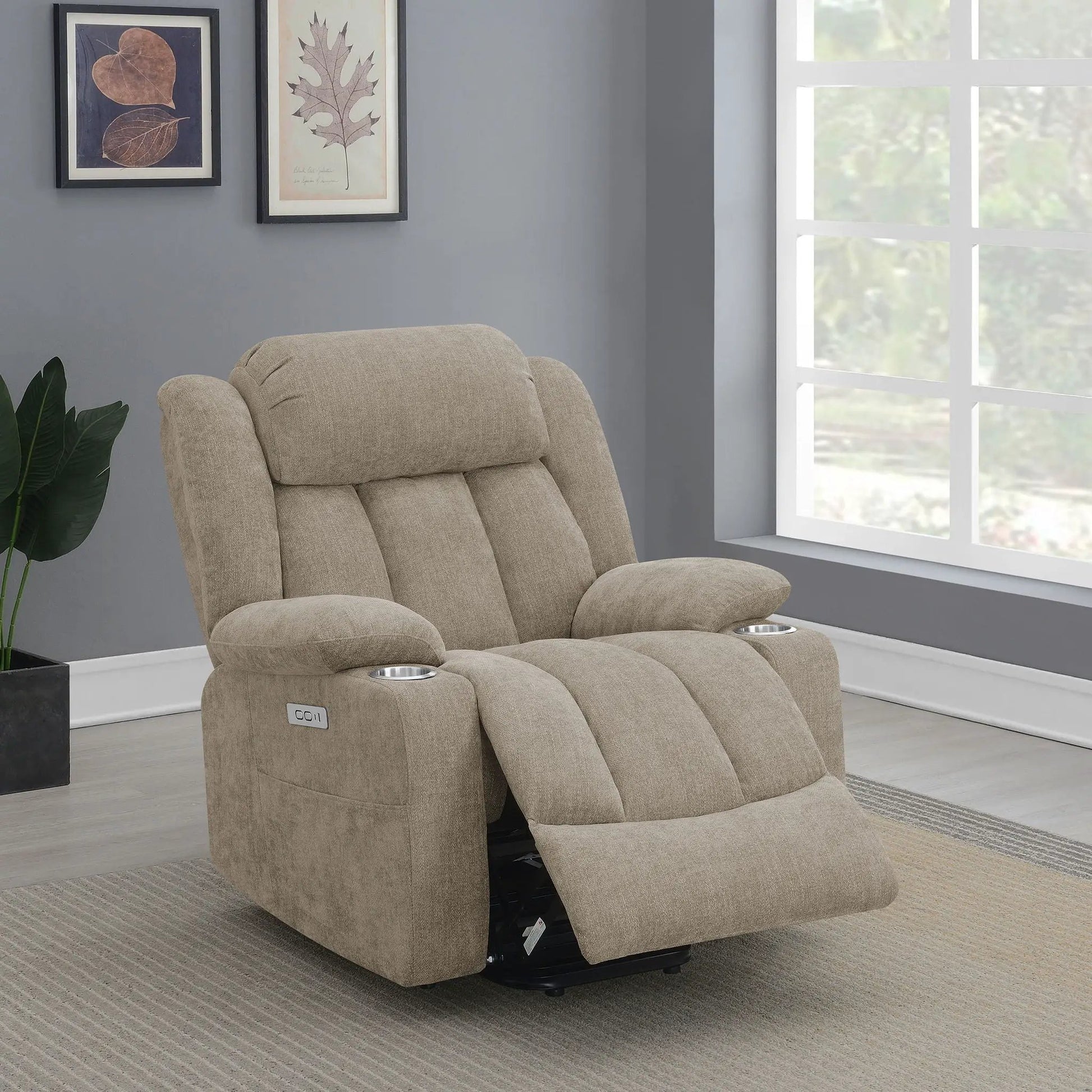 Beca power lift recliner with cupholders and USB charging in beige fabric Unique Piece Furniture on Tampa Home & Garden Store